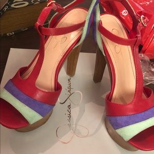 Radical red combo platform shoe.